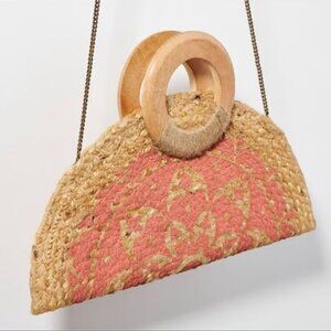 Antik Kraft Jute Woven Clutch With Wooden Handles & Pink Pattern purse handbag